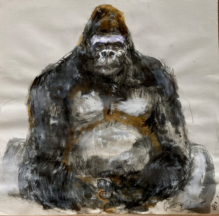 Dessin intitulée "Gorille assis" par Gilles Glaçon, Œuvre d'art originale, Encre