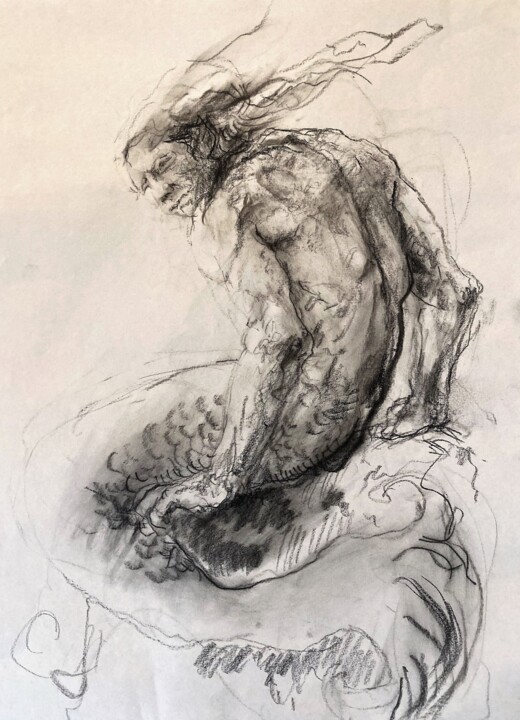 Drawing titled "Mermaid" by Gilles Glaçon, Original Artwork, Charcoal