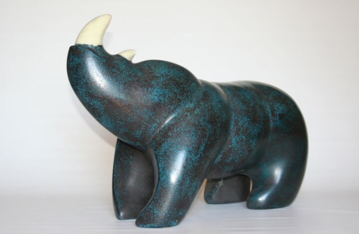 Sculpture titled "rhino-bleu." by Gilles Quere, Original Artwork, Polymer clay