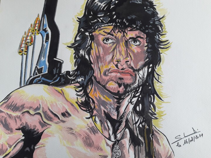 Painting titled "Dessin de Rambo réa…" by Gilles Staub (LeCrayonAgile), Original Artwork, Watercolor