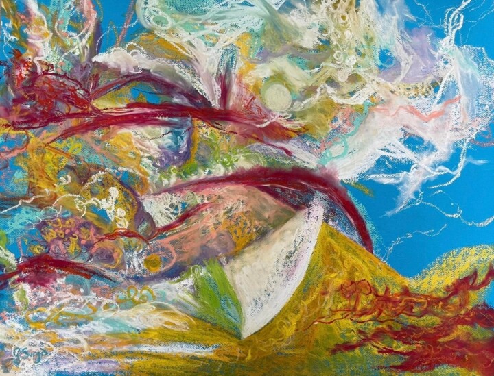 Schilderij getiteld "Corail." door Gilles Surgès, Origineel Kunstwerk, Pastel Gemonteerd op Glas