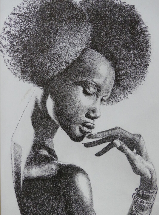 Dessin intitulée "l'africaine" par Gilles Thoueilles, Œuvre d'art originale, Encre