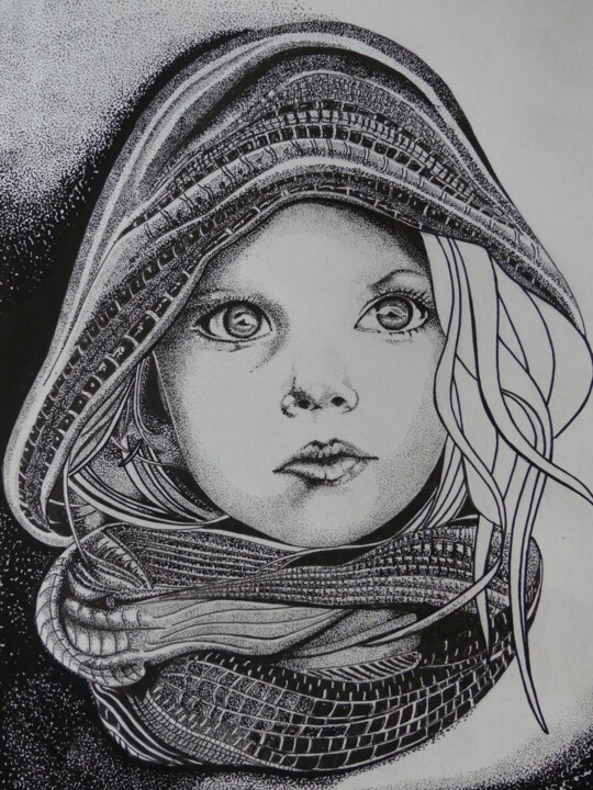 Drawing titled "l'enfant au bonnet" by Gilles Thoueilles, Original Artwork, Ink