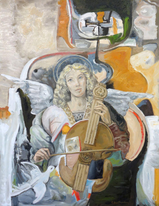 Painting titled "Ange musicien et co…" by Gilles Chambon, Original Artwork, Oil
