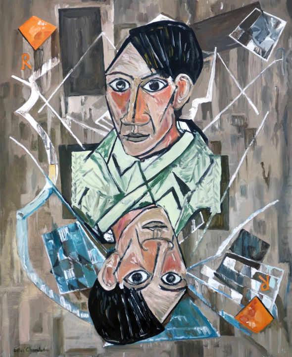 「Picasso roi de carr…」というタイトルの絵画 Gilles Chambonによって, オリジナルのアートワーク, オイル ウッドストレッチャーフレームにマウント