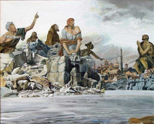 Painting titled "Les géants" by Gilles Chambon, Original Artwork, Oil