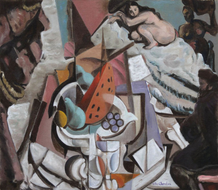 Peinture intitulée "Olympia à la pastèq…" par Gilles Chambon, Œuvre d'art originale, Huile
