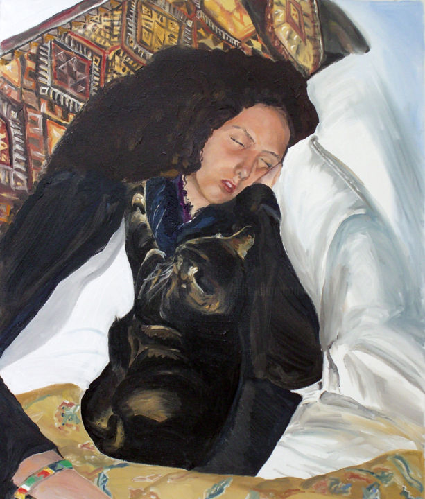 Pittura intitolato "Jeune fille endormi…" da Gilles Chambon, Opera d'arte originale, Olio