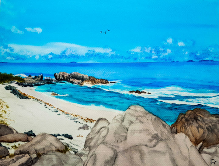 Painting titled "plage tropicale" by Gilles Mathieu, Original Artwork, Watercolor