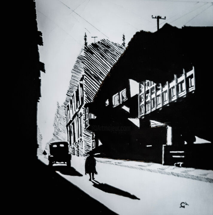 Tekening getiteld "Rue en clair obscur" door Gilles Mathieu, Origineel Kunstwerk, Inkt
