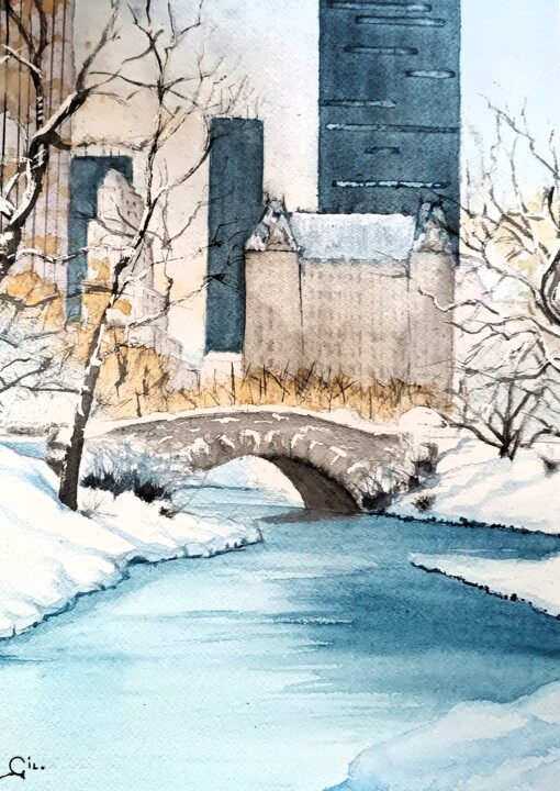 Peinture intitulée "Central Park bridge" par Gilles Mathieu, Œuvre d'art originale, Aquarelle