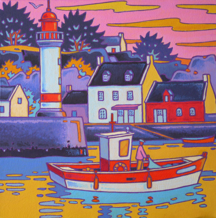 Painting titled "ile de GROIX en rou…" by Gilles Mével, Original Artwork, Acrylic Mounted on Wood Stretcher frame