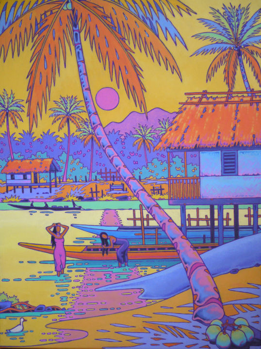 Painting titled "Les 3000 iles : Laos" by Gilles Mével, Original Artwork, Acrylic Mounted on Wood Stretcher frame