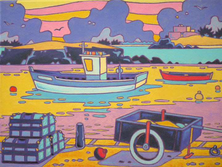 「Le port de Portivy」というタイトルの絵画 Gilles Mévelによって, オリジナルのアートワーク, アクリル ウッドストレッチャーフレームにマウント