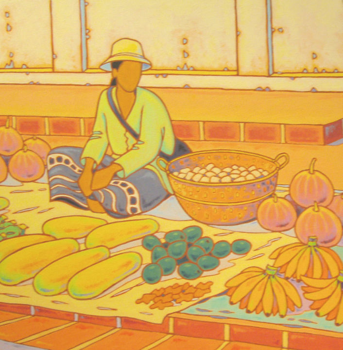 Peinture intitulée "le marché à Luang-P…" par Gilles Mével, Œuvre d'art originale, Acrylique Monté sur Châssis en bois