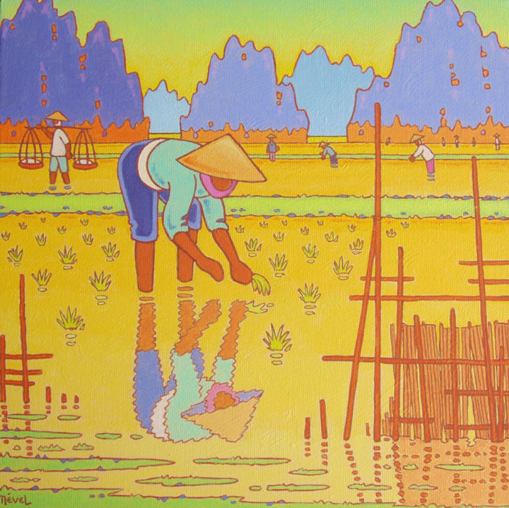 Peinture intitulée "riziére viet-nam" par Gilles Mével, Œuvre d'art originale