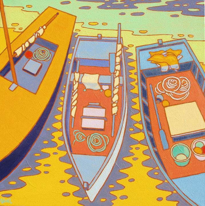 Peinture intitulée "Trois barques" par Gilles Mével, Œuvre d'art originale