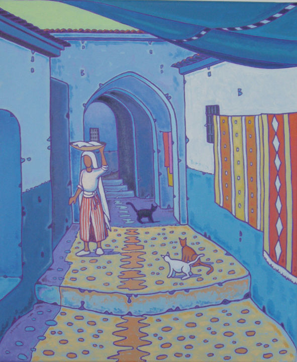 Painting titled "rue à chaouen" by Gilles Mével, Original Artwork, Acrylic Mounted on Wood Stretcher frame