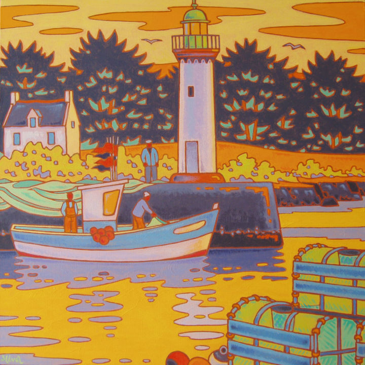 Painting titled "port haliguen" by Gilles Mével, Original Artwork, Acrylic Mounted on Wood Stretcher frame