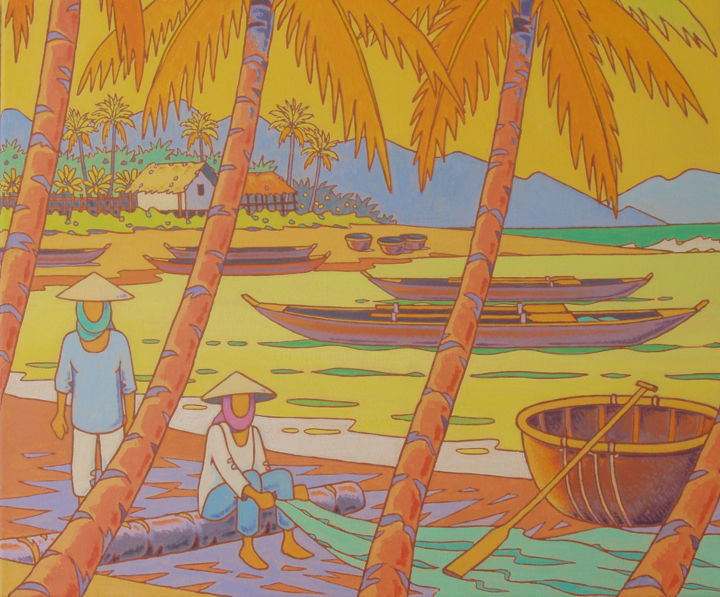 Peinture intitulée "mer de chine.vietnam" par Gilles Mével, Œuvre d'art originale, Acrylique Monté sur Châssis en bois
