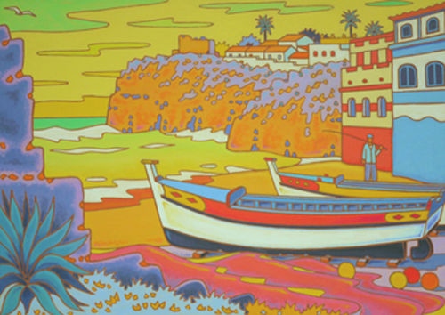 Schilderij getiteld "plage en Algarve" door Gilles Mével, Origineel Kunstwerk, Acryl Gemonteerd op Frame voor houten brancard