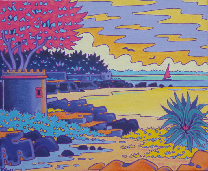 제목이 "plage de keraude"인 미술작품 Gilles Mével로, 원작, 아크릴 나무 들것 프레임에 장착됨