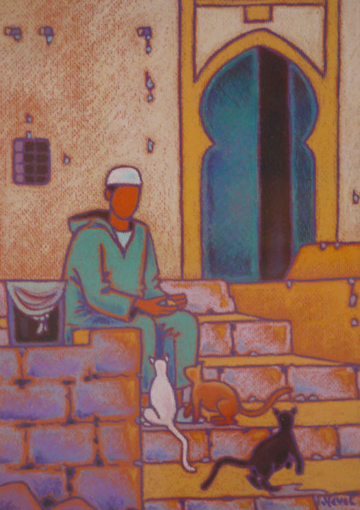 Painting titled "les chats de chelah" by Gilles Mével, Original Artwork, Pastel Mounted on Cardboard