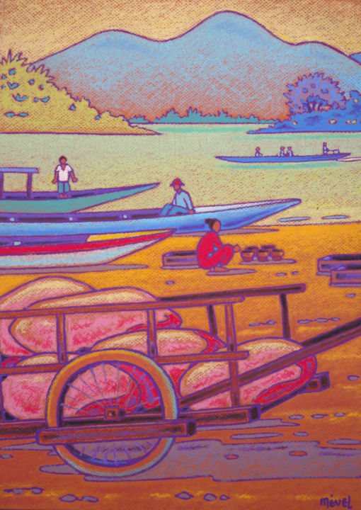 Painting titled "rive du Mekong au L…" by Gilles Mével, Original Artwork, Pastel Mounted on Other rigid panel