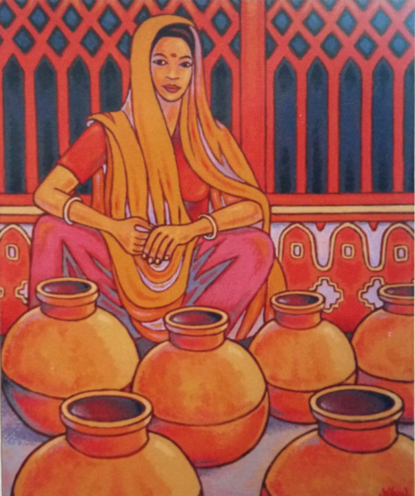 Pintura titulada "indienne à Jaîpur" por Gilles Mével, Obra de arte original, Acrílico