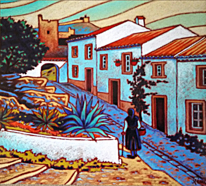 Painting titled "village au Portugal" by Gilles Mével, Original Artwork, Pastel