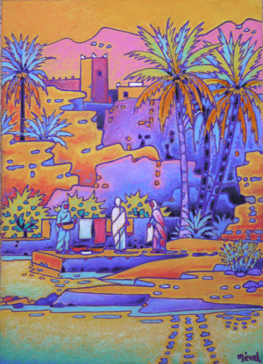 Painting titled "oasis du sud Maroca…" by Gilles Mével, Original Artwork, Pastel Mounted on Cardboard
