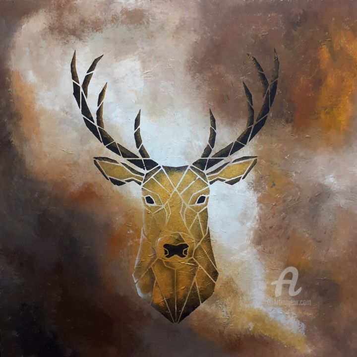 Peinture intitulée "Cerf or et marron" par Gilette Guerrero, Œuvre d'art originale, Acrylique