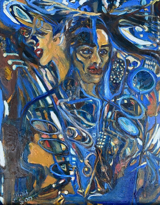 Painting titled "Paris Blue Jazz" by Gina Son, Original Artwork, Oil