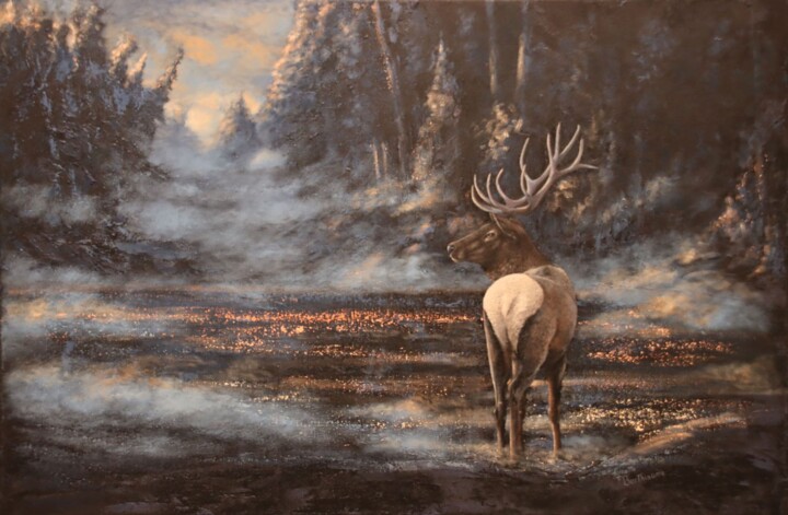 Painting titled "Wapiti à l'aube" by Ginette Berthiaume, Original Artwork, Acrylic