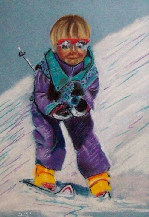 Painting titled "jeune skieur" by Ginette Richard, Original Artwork, Pastel