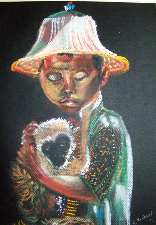 Schilderij getiteld "L'enfant et le peti…" door Ginette Richard, Origineel Kunstwerk, Pastel