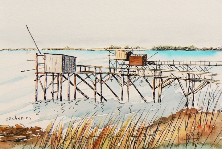 「Carrelets」というタイトルの絵画 Ginette Richardによって, オリジナルのアートワーク, 水彩画