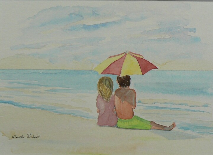 Painting titled "enfants-plage.jpg" by Ginette Richard, Original Artwork, Watercolor