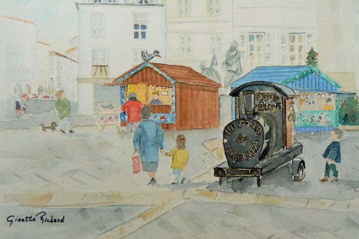 Malerei mit dem Titel "Noël à La Rochelle" von Ginette Richard, Original-Kunstwerk, Aquarell