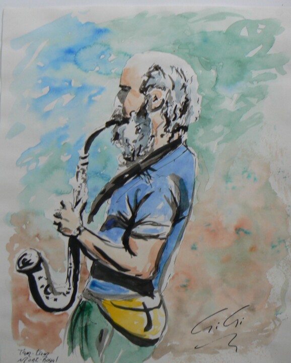 「Tam-tam saxophone」というタイトルの絵画 Ginette Richardによって, オリジナルのアートワーク, インク