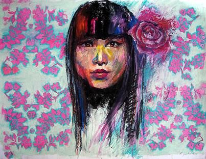 Dessin intitulée "pink and blue flowe…" par Ginger Goto, Œuvre d'art originale