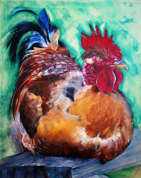 Painting titled "POULE OU COQ ?" by Ginie Color, Original Artwork, Oil