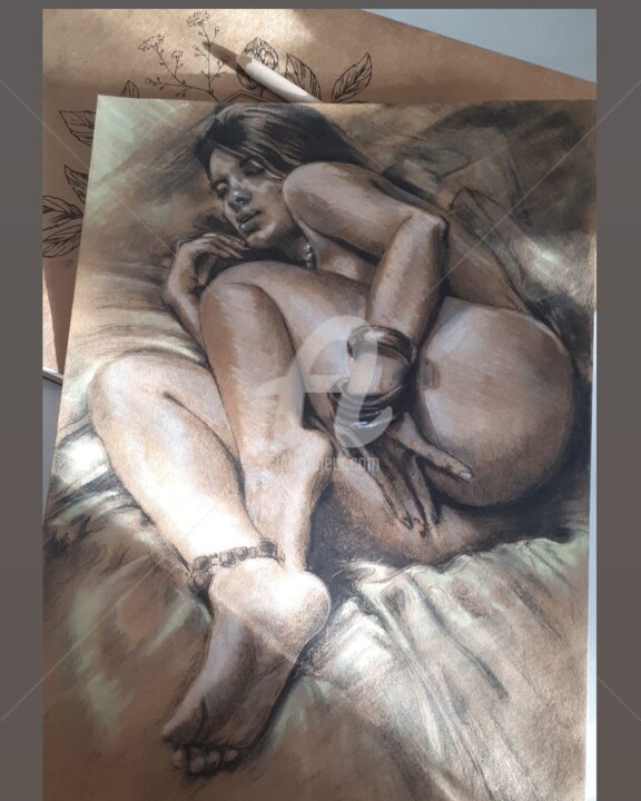 Drawing titled "Nu femme fusain cra…" by Ginie Color, Original Artwork, Charcoal