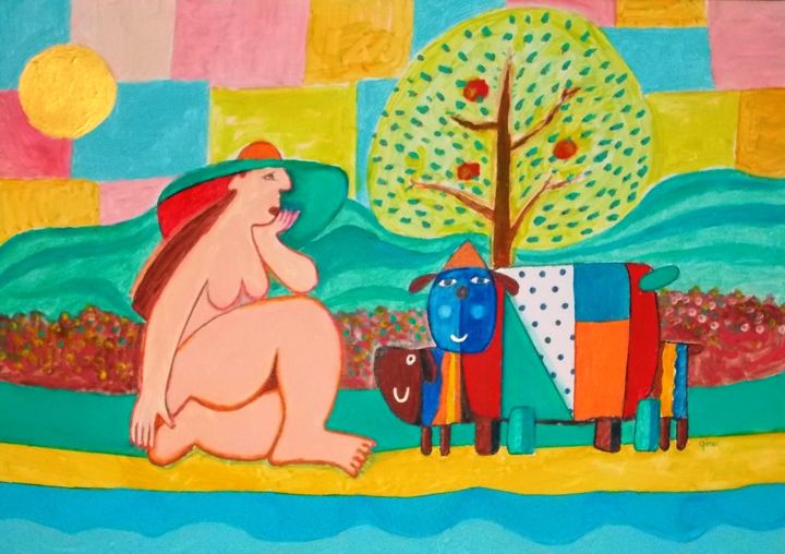 Painting titled "Donna in spiaggia c…" by Gino Gavazzi, Original Artwork