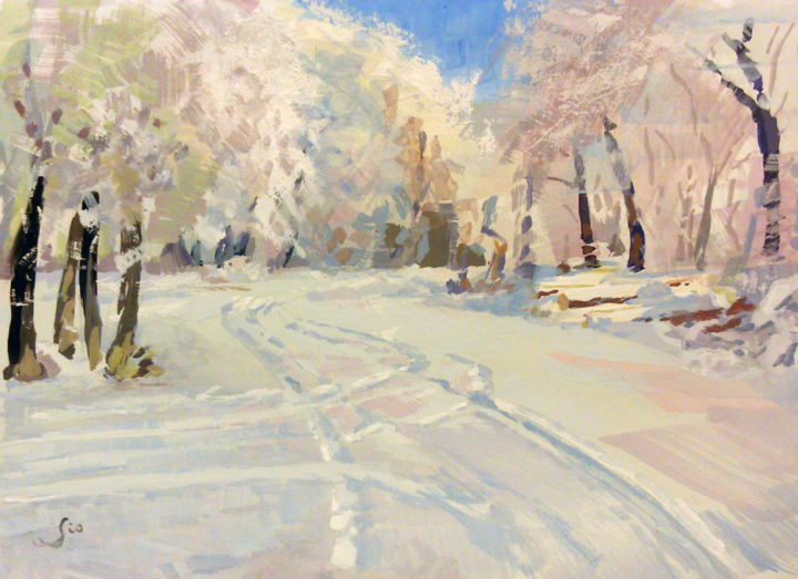 Painting titled "Neige sur le Haut-F…" by Gio, Original Artwork, Gouache