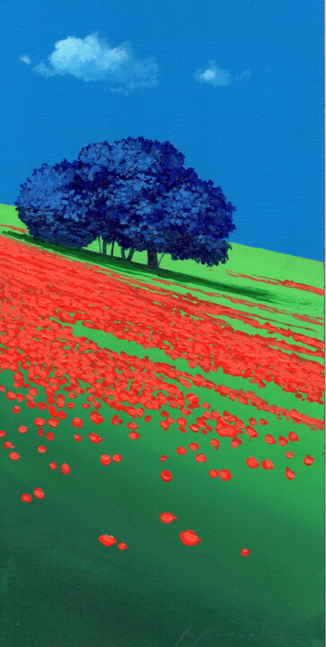 Malerei mit dem Titel "collina e albero blu" von Gio Mondelli, Original-Kunstwerk, Acryl Auf Holzplatte montiert