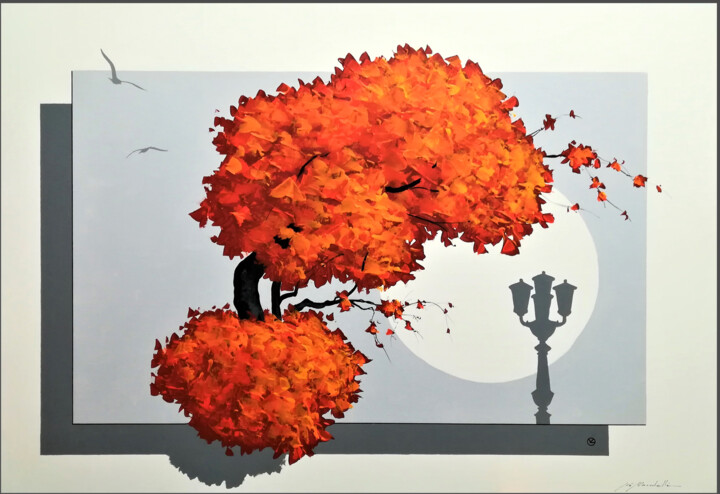 Painting titled "Albero arancione" by Gio Mondelli, Original Artwork, Acrylic
