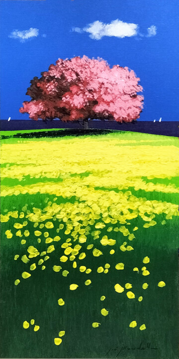 Painting titled "Albero in fiore" by Gio Mondelli, Original Artwork, Acrylic Mounted on Wood Panel