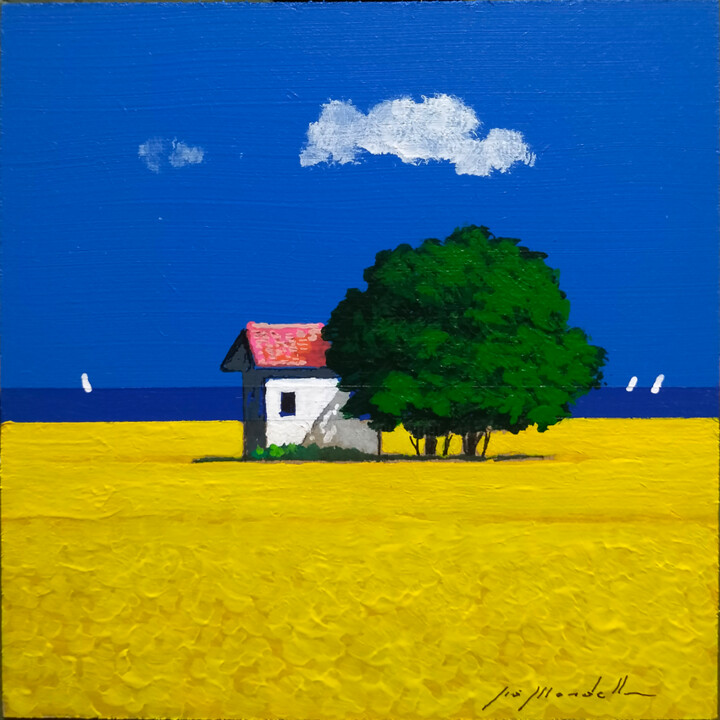 Painting titled "Casetta in campagna" by Gio Mondelli, Original Artwork, Acrylic Mounted on Wood Panel