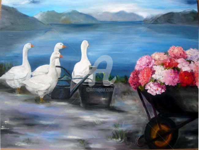 Pittura intitolato "lago con fiori e oc…" da Giordana Bussoli, Opera d'arte originale